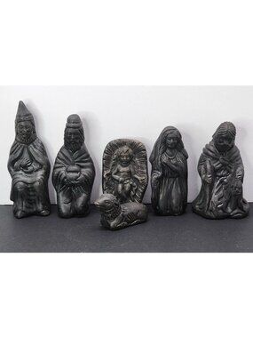 Vintage Hand Painted Black Folk Art Nativity Ceramic SET of 6 Jesus Lamb